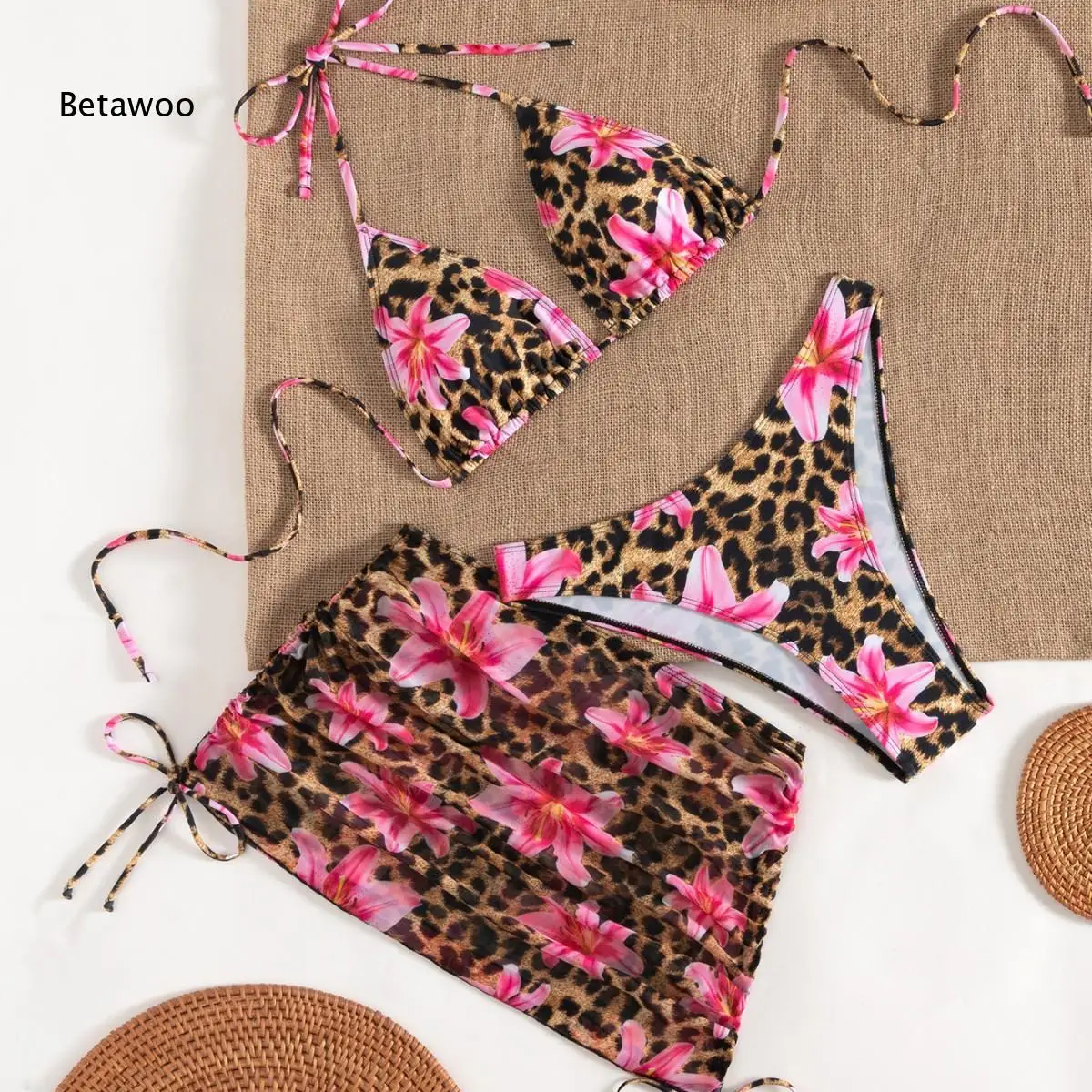 Pink Lily Leopard Pattern High Cut Three Piece Swimwear Set