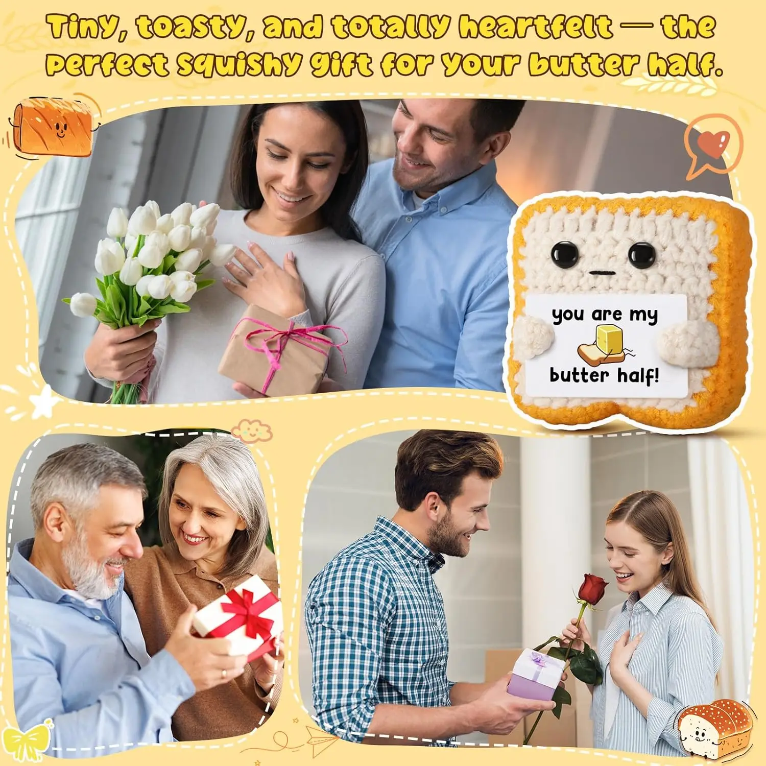 Funny Crochet Positive Toast Doll With Card Home Room Decoration Handmade Knitted Toast Doll Desktop Ornament Christmas Gifts