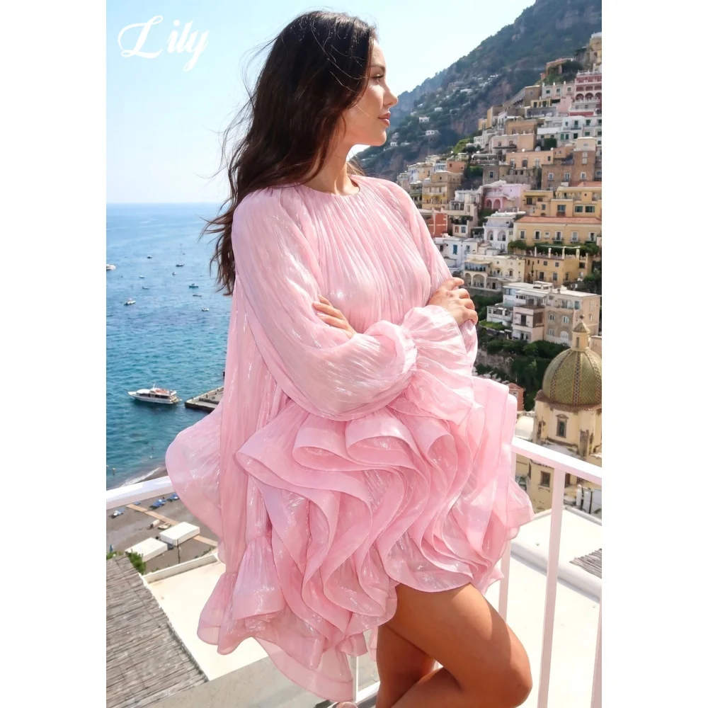 Lily Pink Shimmer Prom Dress Long Sleeve Ruffle Evening Dress Loose Fit Short Party Dress Chic & Unconventional Gown Customized image 2