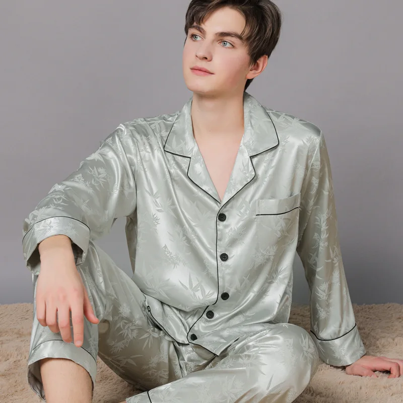 

Men Ice Silk Pajamas Suit Summer Plus Size Satin Thin Plaid Pyjamas Male Home Clothes Fashion Print High Quality Sleepwear Boy