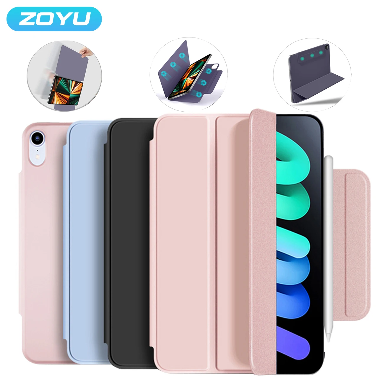 ZOYU For iPad 10 10.9 بوصة 2022 Air 5th Air 4th Gen Pro 11 12.9 غطاء مغناطيسي ذكي 2021 Mini 6 Capa غلاف لمس صديق للبشرة