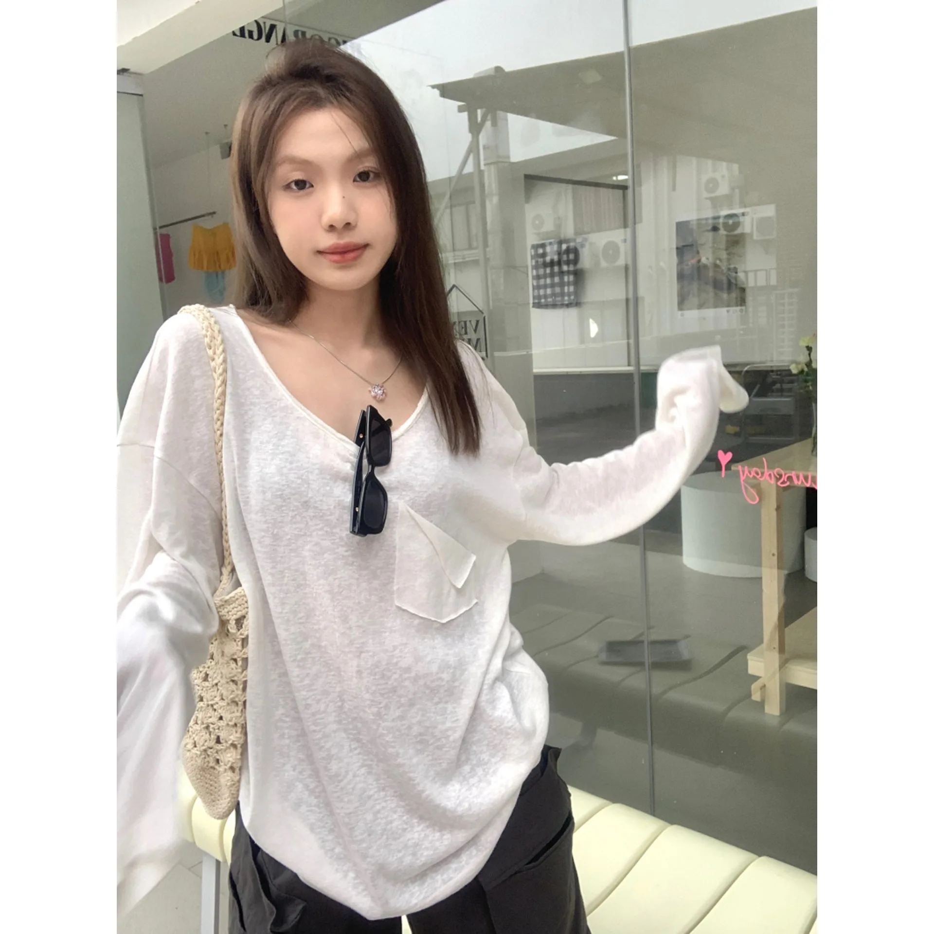 

Тонкая солнцезащитная толстовка с капюшоном, футболка с длинными рукавами для женщин, лето 2022, ленивый стиль, танцевальная внутренняя часть, свободный топ