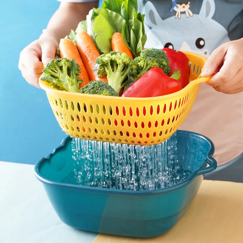 

Small Kitchen Double Drain Basket Bowl Washing Storage Basket Strainers Bowls Drainer Vegetable Cleaning Tool 6/8pcs Set