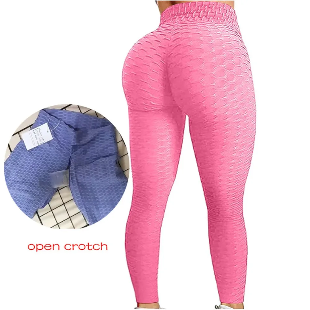 Invisible Open Crotch Sex Yoga Pants for Women Jacquard Bubble High Waist Pants Tummy Control Exercise Elastic Fitness Tights