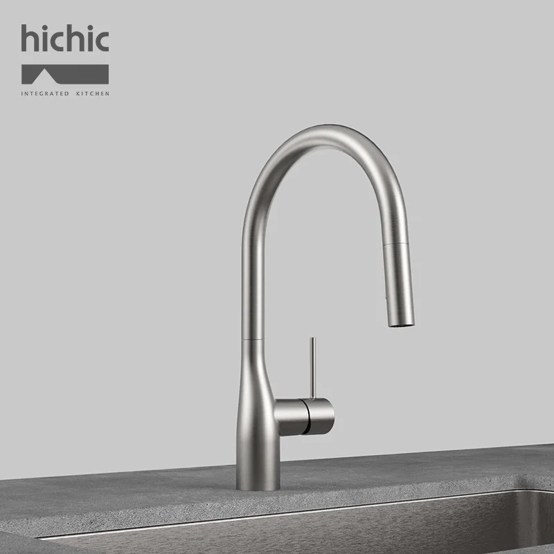 

Минималистичный высококачественный кухонный смеситель из цельной латуни, смеситель для горячей и холодной воды, выдвижной распылитель, матовый никель, матовый пистолет, серый