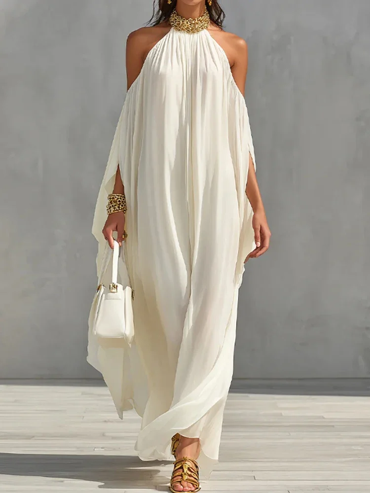 Elegant Backless Maxi Dress for Women Summer Halter Lace-Up Loose Simple Fashion Party Dress Patchwork Holiday Ladies Dress 2026