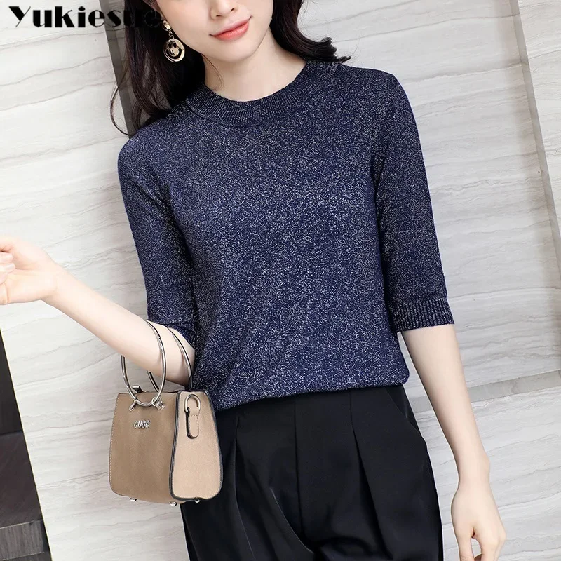 2022 new Women Pullover Sweater Lurex Glitter Knitted pullover Tops Spring Autumn Half Sleeve Elasticity o-neck Female Jumper