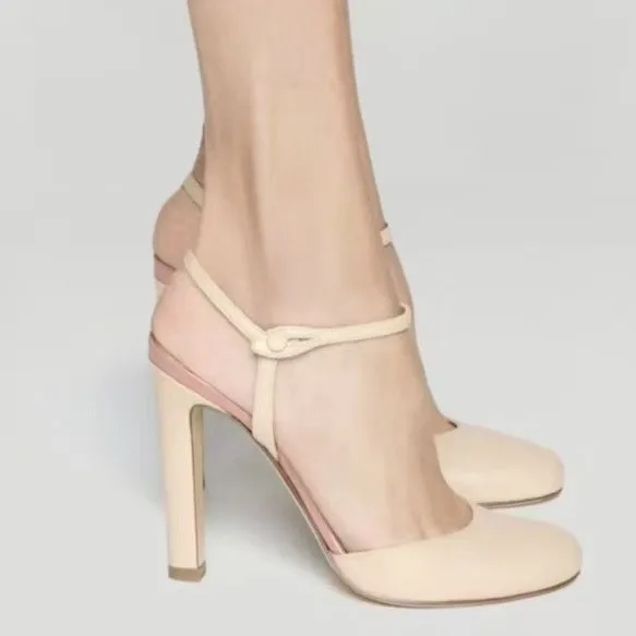 Women Nude T-Strap Slingback Pumps Round Toe Backless Column High Heels Pink Trim Dress Party Heel Shoes