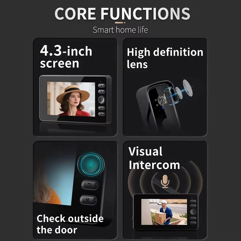 Sonnette vidéo sans fil avec écran de 4.3 pouces, interphone bidirectionnel, Vision nocturne grand Angle HD, interphone vidéo de Surveillance étanche