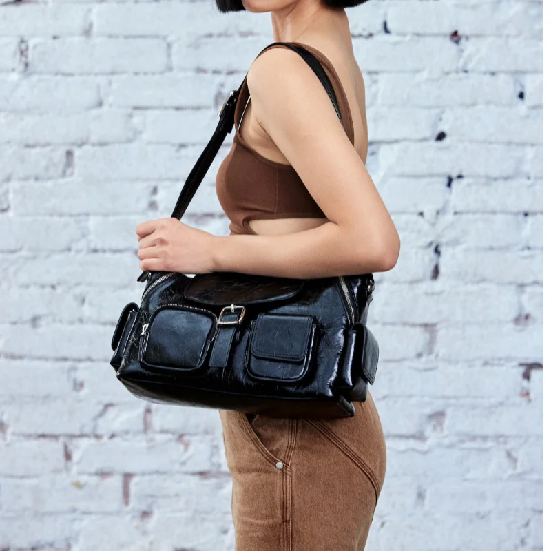 

Винтажная брендовая сумка, высококачественная сумка на плечо с несколькими карманами на молнии, модная вощеная кожаная сумка в стиле Y2k, мотоциклетная сумка-тоут, сумка-мессенджер