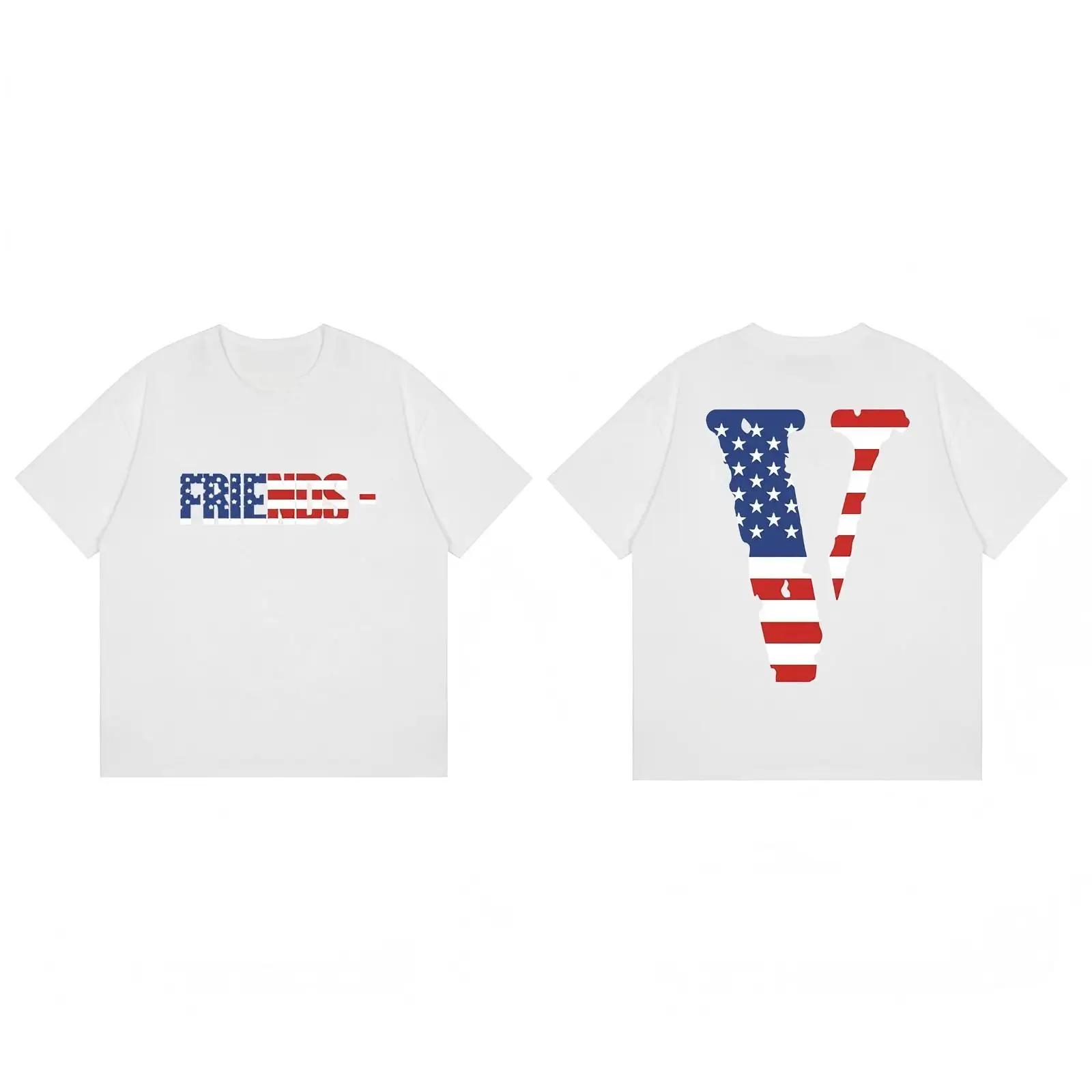 2026 Mens Womens USA Flag FRIENDS T-shirt Big V Flag Graphic Double Sided Print Crew Neck Short Sleeve Cotton Top