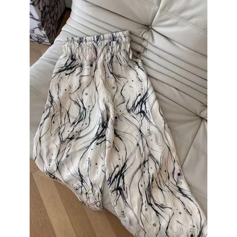 Women Chinese Ink Printed High Waist Drawstring Loose Straight Wide Leg Thin Summer Casual Pants