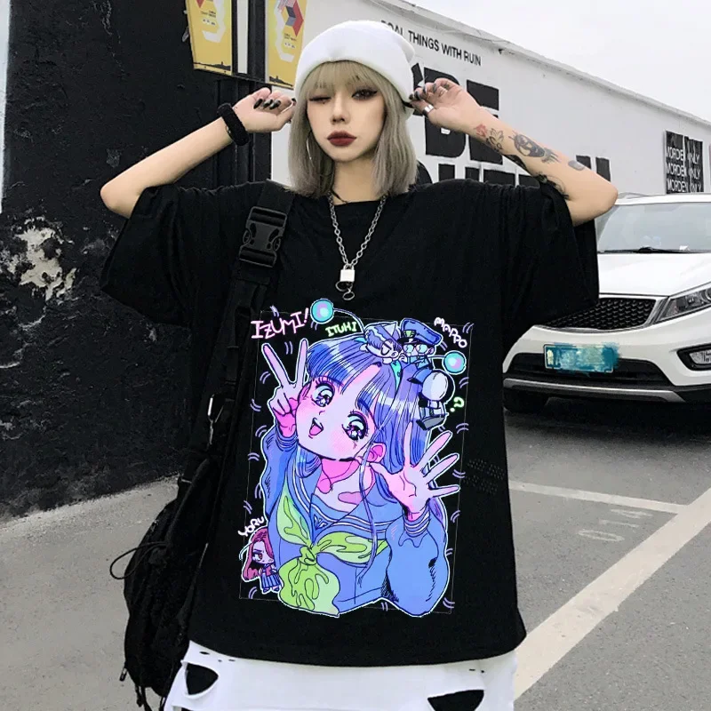 Funny Kawaii Cartoon Print Women T-shirts Harajuku Streetwear Hip Hop Casual Oversized Round Neck Short Sleeve Tops Unisex