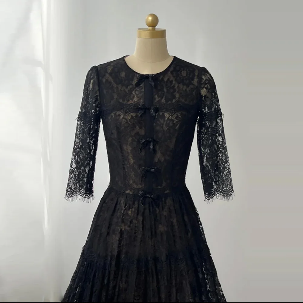 

Vintage Black Lace A-Line Evening Dress Customizedفساتين سهرة O-Neck Regular Sleeves Bows Decoration Gowns Prom Dresses