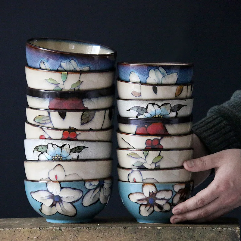 Japanese style ceramic hand-painted small bowl, household rice bowl, retro kiln turned glazed dessert small bowl