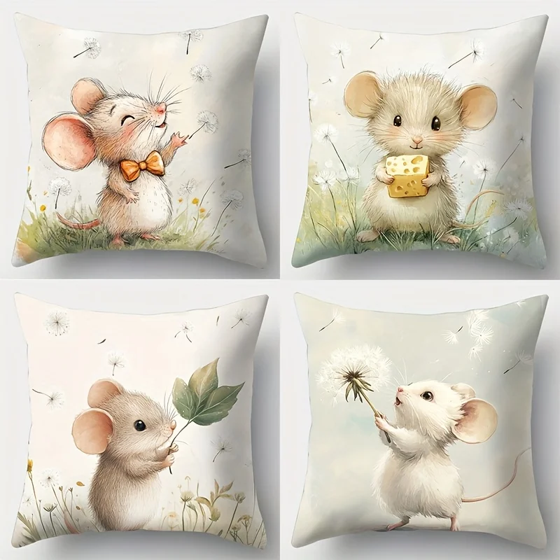 4-Piece Printed Pillowcase Set – Featuring Mice, Cheese & Leaves