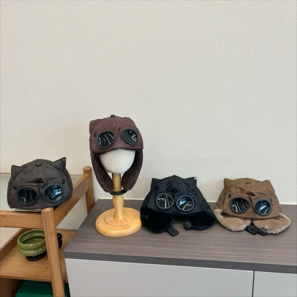 

Ретро шапка-бомбер из искусственной кожи с бархатной подкладкой, шапка с кошачьими ушками, пуховая ветрозащитная зимняя шапка для защиты ушей