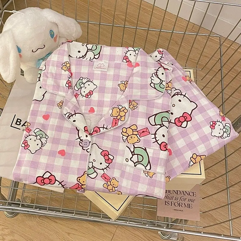 Hellokitty Cotoon Catroon Anime Cute Purple Plaid Sleepwear Comfortable Home Clothes Soft Long-sleeved Spring Autumn Pajama Set