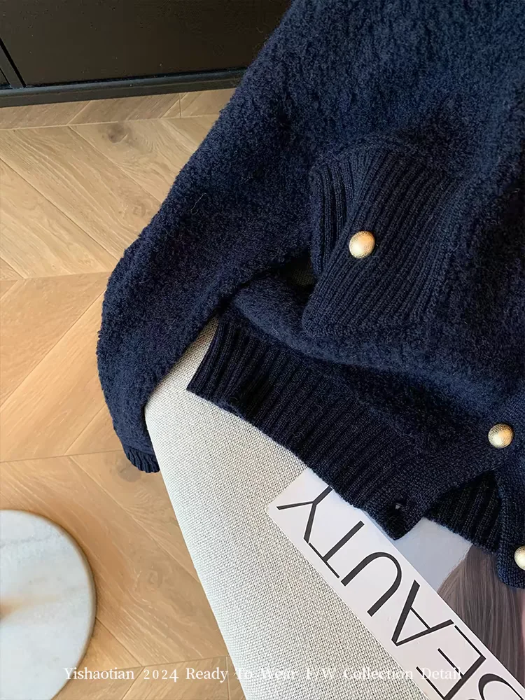 Suéter feminino de manga comprida com gola dourada y2k, suéter francês elegante e moderno retrô, roupas de outono e inverno