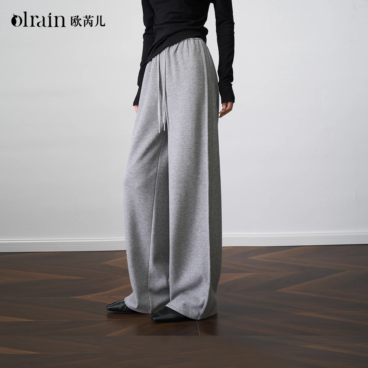 

OLrain Women's Grey Straight Leg Pants 2025 Autumn LElastic Waist Drawstring Drape Trousers Casual Versatile Bottoms O57DK001910