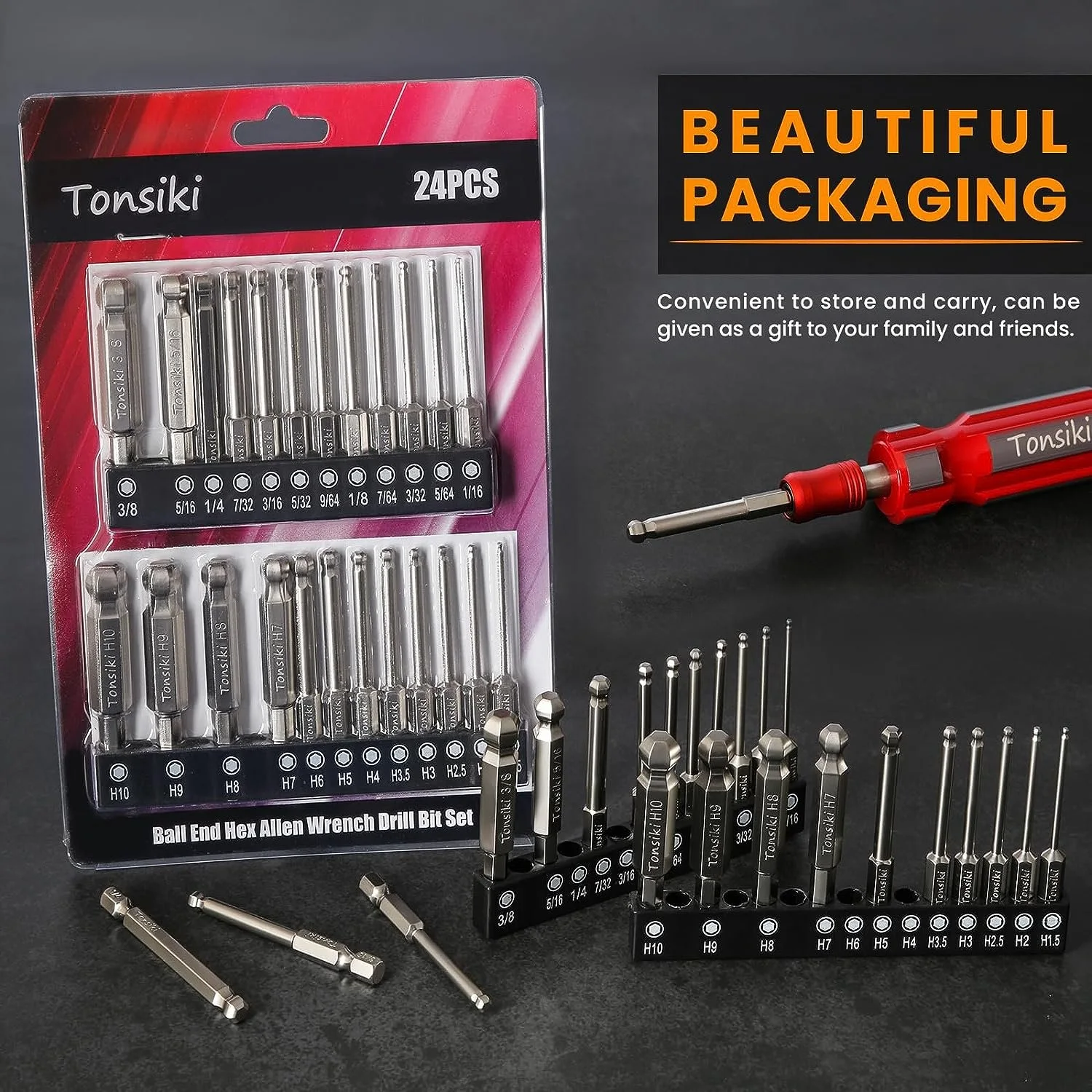 24 ชิ้น Ball End Hex ไขควง Bits ชุด 2.5 นิ้วความยาว SAE และเมตริก Hex Bit ชุดแม่เหล็ก Allen ประแจเจาะ bits h1.5 ~ h10