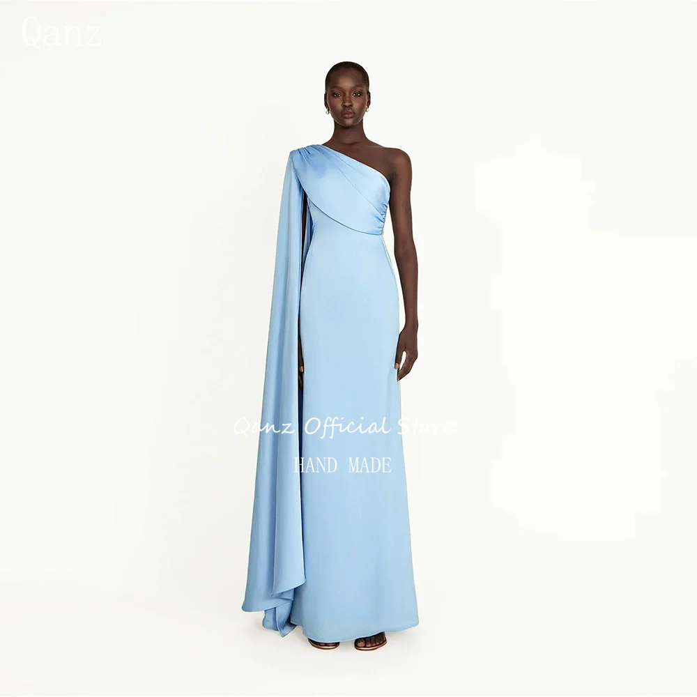 

Qanz Dubai One Shoulder Evening Dresses Saudi Arabia Sky Blue Satin Mermaid Formal Dresses Woman Robes De Soirée Customized