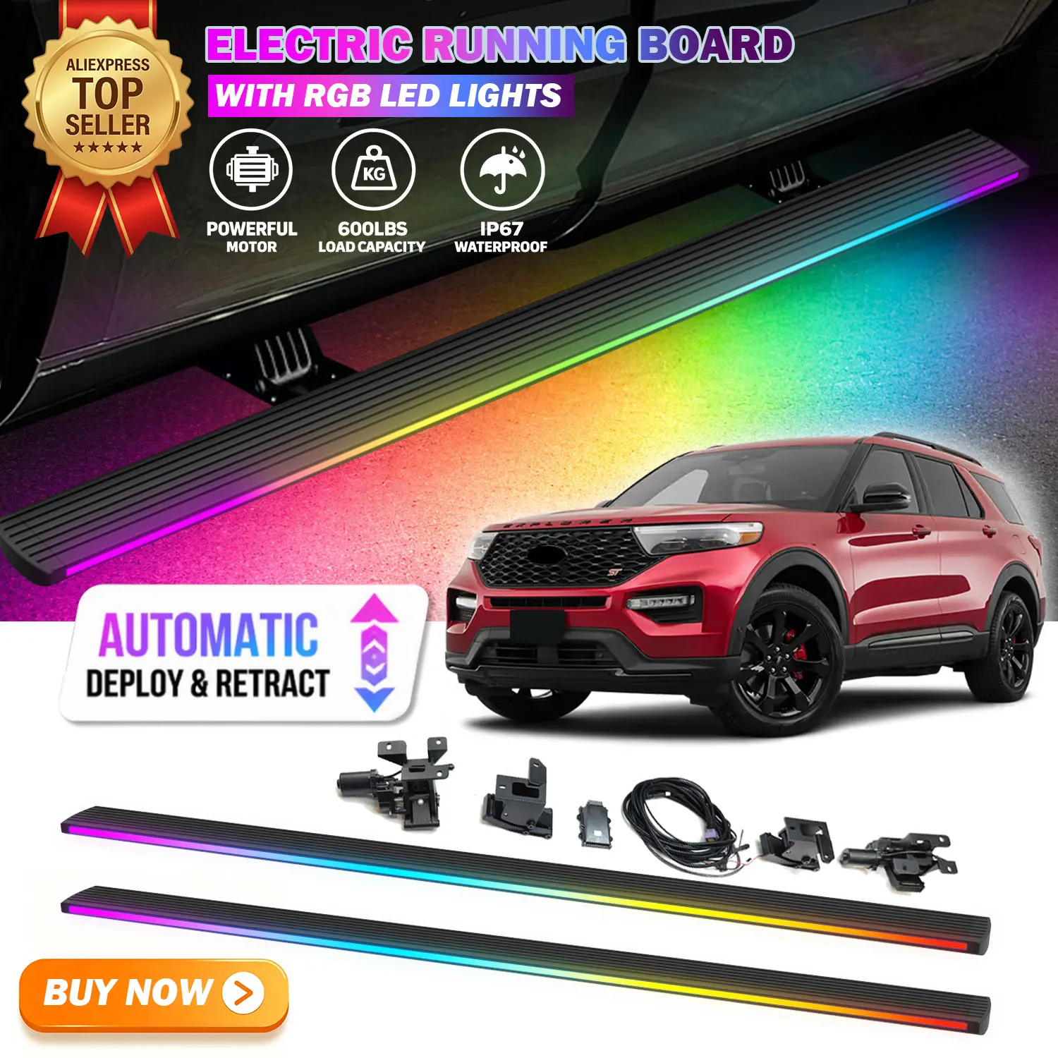 Deployable Power Electric Running Boards Fits For Ford Explorer 2013-2025 with LED Light Strips Side Step Nerf Bars