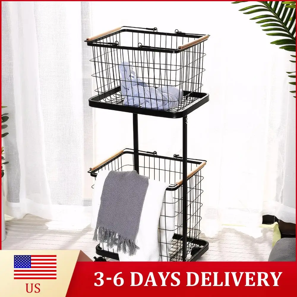 

2 Tier Laundry Cart with Wheels Rolling Laundry Basket Laundry Hamper Trolley Metal Storage Cart for Laundry Clothes