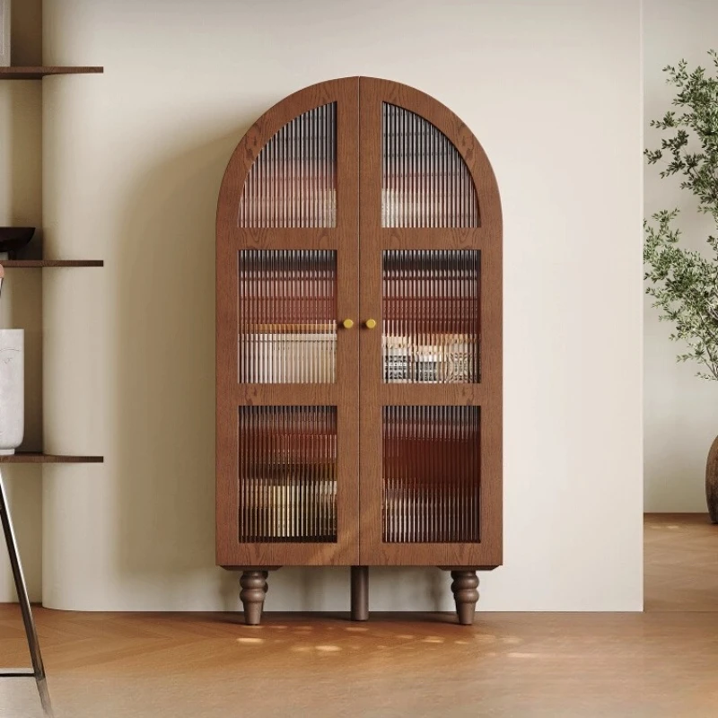 

American vintage walnut sideboard, French glass wine cabinet, living room wall storage cabinet