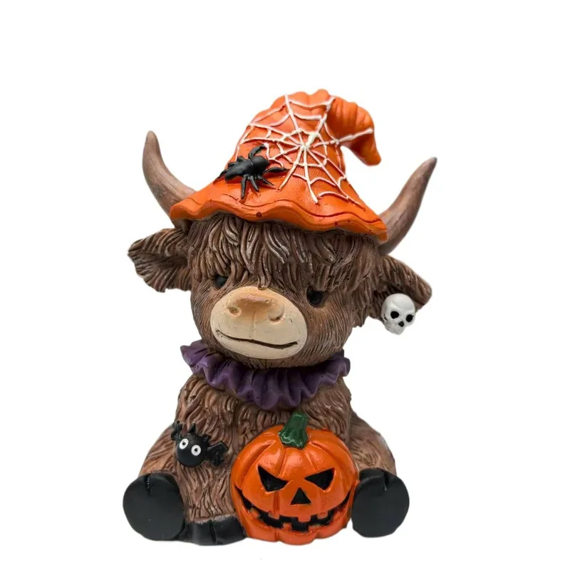 Novo halloween aranha abóbora highland vaca estátua decoração de escritório em casa ornamentos mesa esculturas brinquedos e hobbies