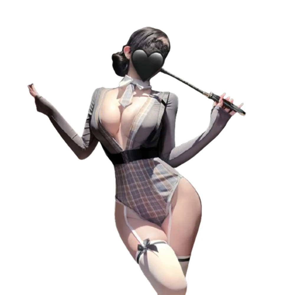 

Seductive Plaid Secretary Teacher Cosplay Outfit, Sheer Long Sleeve Bodysuit with Tie & Garter Straps Elegant Intimate Nightwear