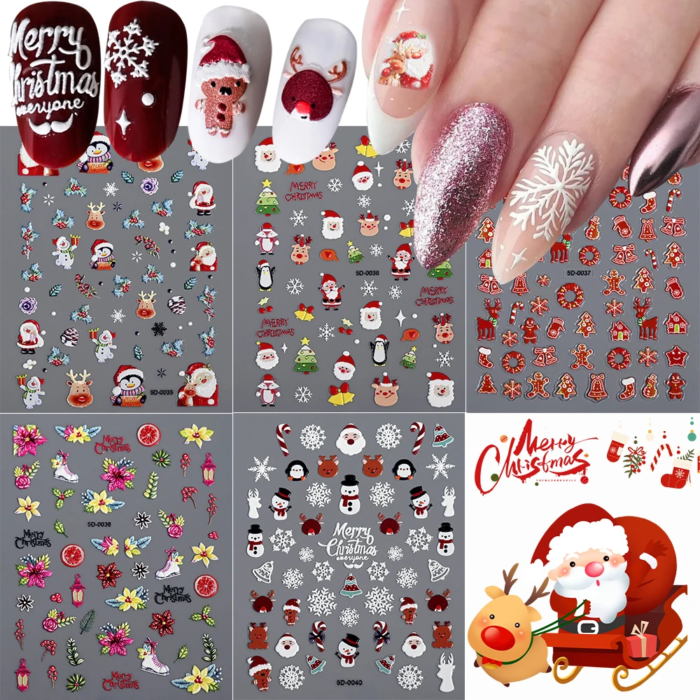 1PC 5D Embossed Christmas Nail Stickers Gingerbread Man Snowflake Snowman Penguin Nail Decal Autumn Winter Nail Supplies Decor *