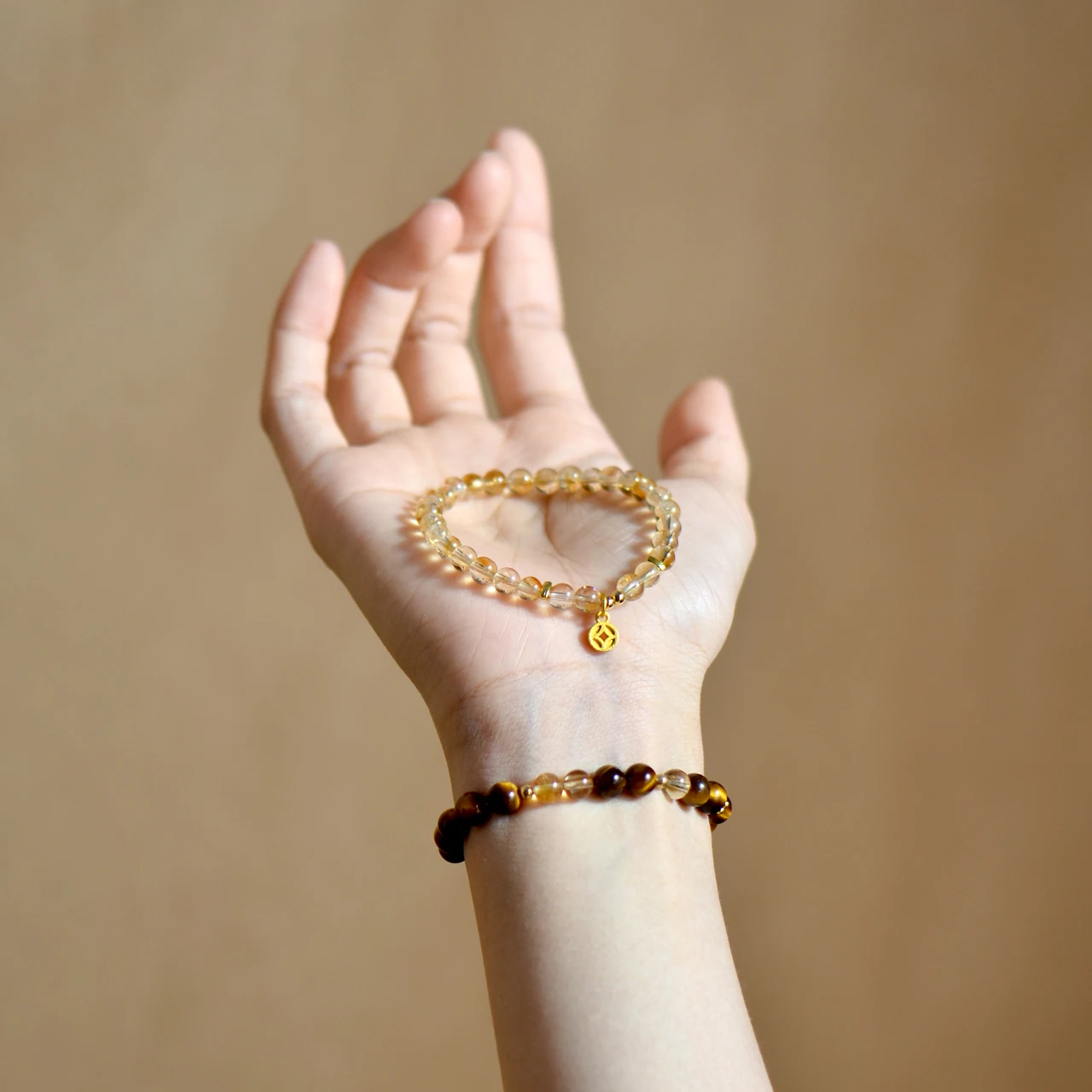 Chinese Style Natural Yellow Citrine Handstring Bracelet Lucky Copper Coin Charm Wealth Fortune Blessing Dainty Beaded Jewelry