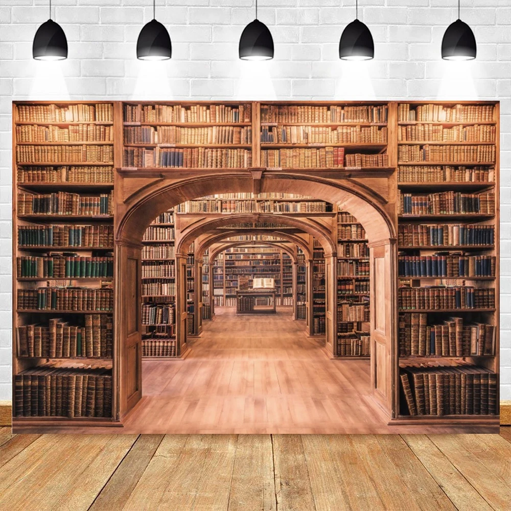 Bookshelf Backdrop Back to School Vintage Wooden Library Study Bookcase Kids Portrait Background for Photography Photo Studio