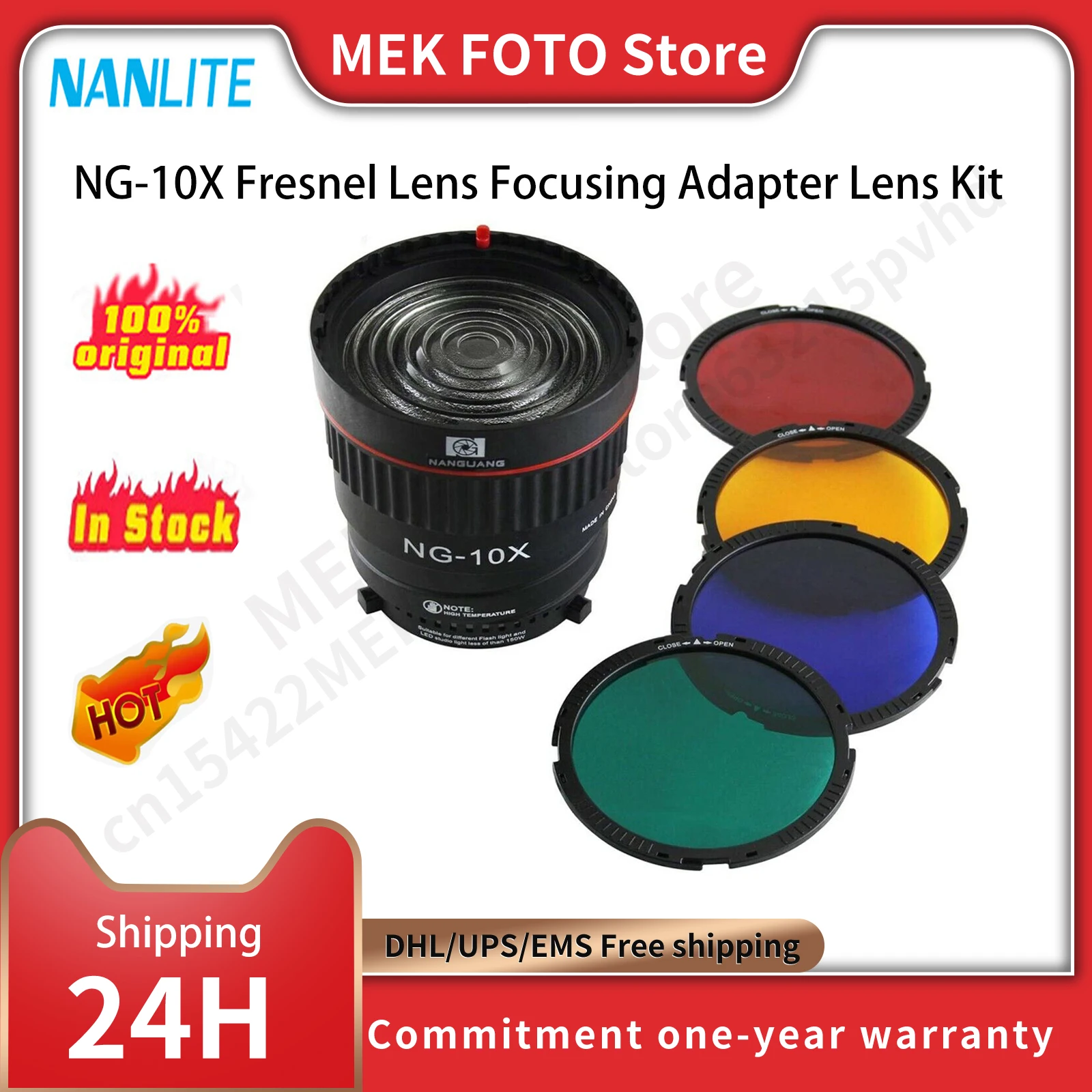 Nanguang NG-10X Fresnel Lens Focusing Adapter Lens Kit for Bowens-fit LED Lights With 4 Color Filter