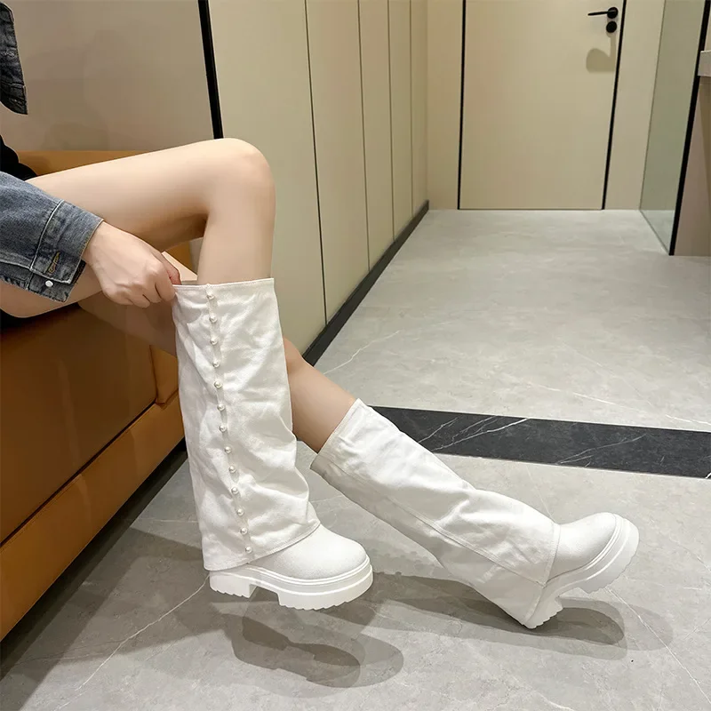 Fujin 10cm Denim Synthetic Platform Wedge Ankle Knee High Autumn Booties Fashion Round Toe Leisure Spring Women Ladies Shoes