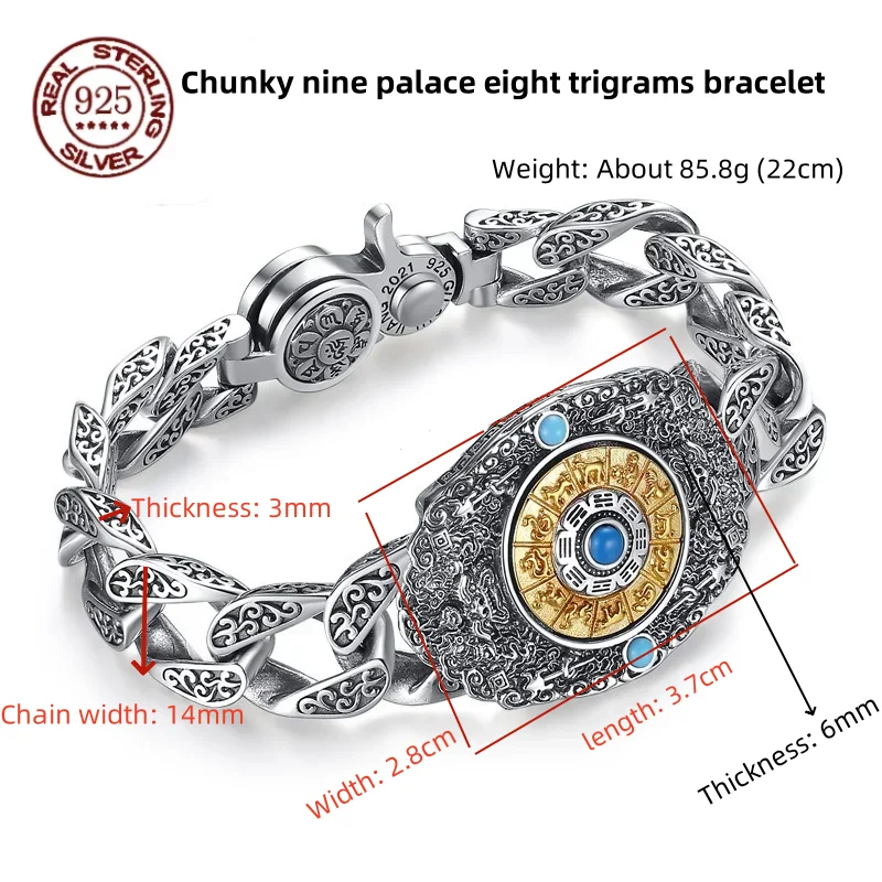 

Lucky Jiugong Bagua Rotating S925 Silver Bracelet Men's Fashion Retro Jewelry National Style Domineering Personality Gift