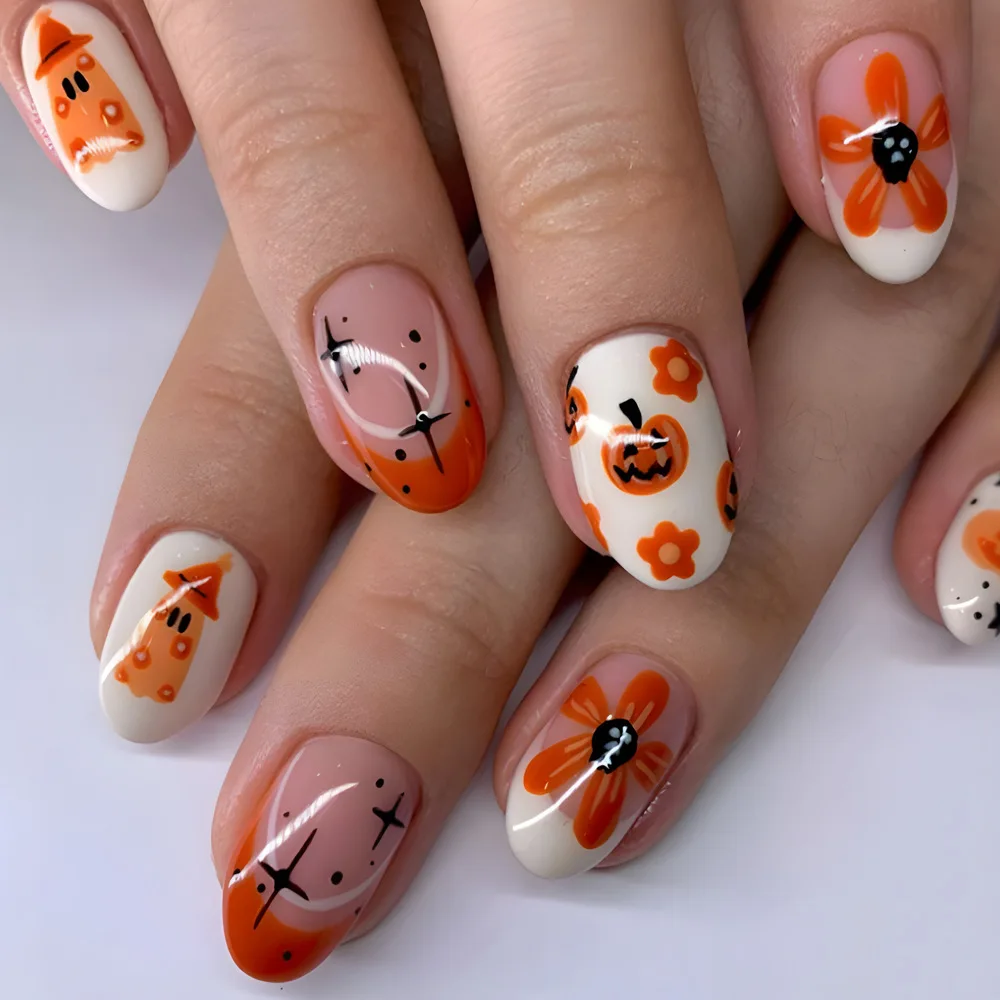 

24pcs Short Halloween Fake Nails Cute Pumpkin Cat Ghost False Nail Patch Full Cover Wearable Fake Nail Tips 2024 Halloween Gifts