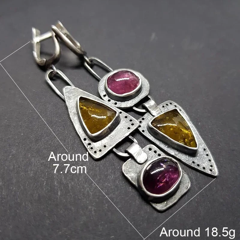 Large Geometric Triangle Metal Dangle Earrings Purple Stone Yellow Orange Asymmetrical Earrings Female Retro Jewelry