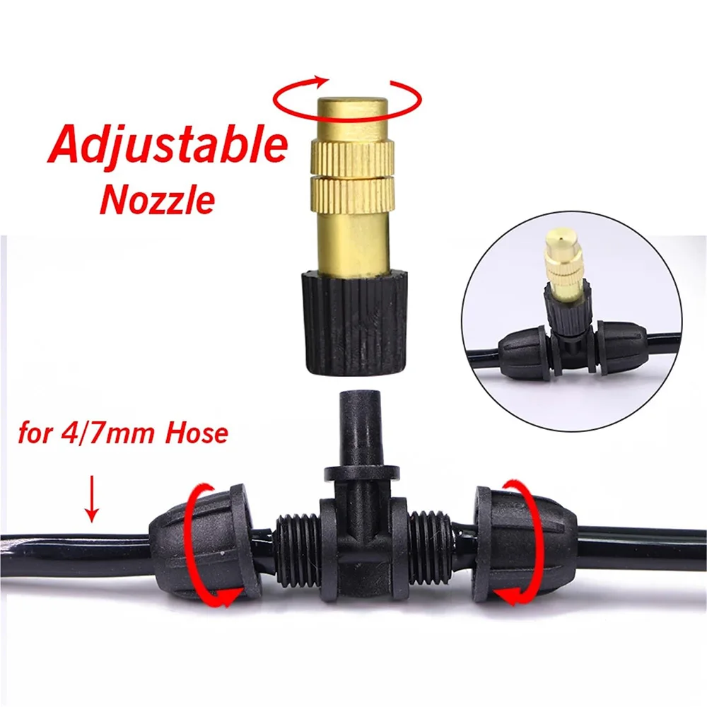 Brass Misting Nozzle Atomizer Sprayer with Tee Connector Snap On Quick Joint for 1 4 3 8 1 2 Inch Tube Outdoor Irrigation System
