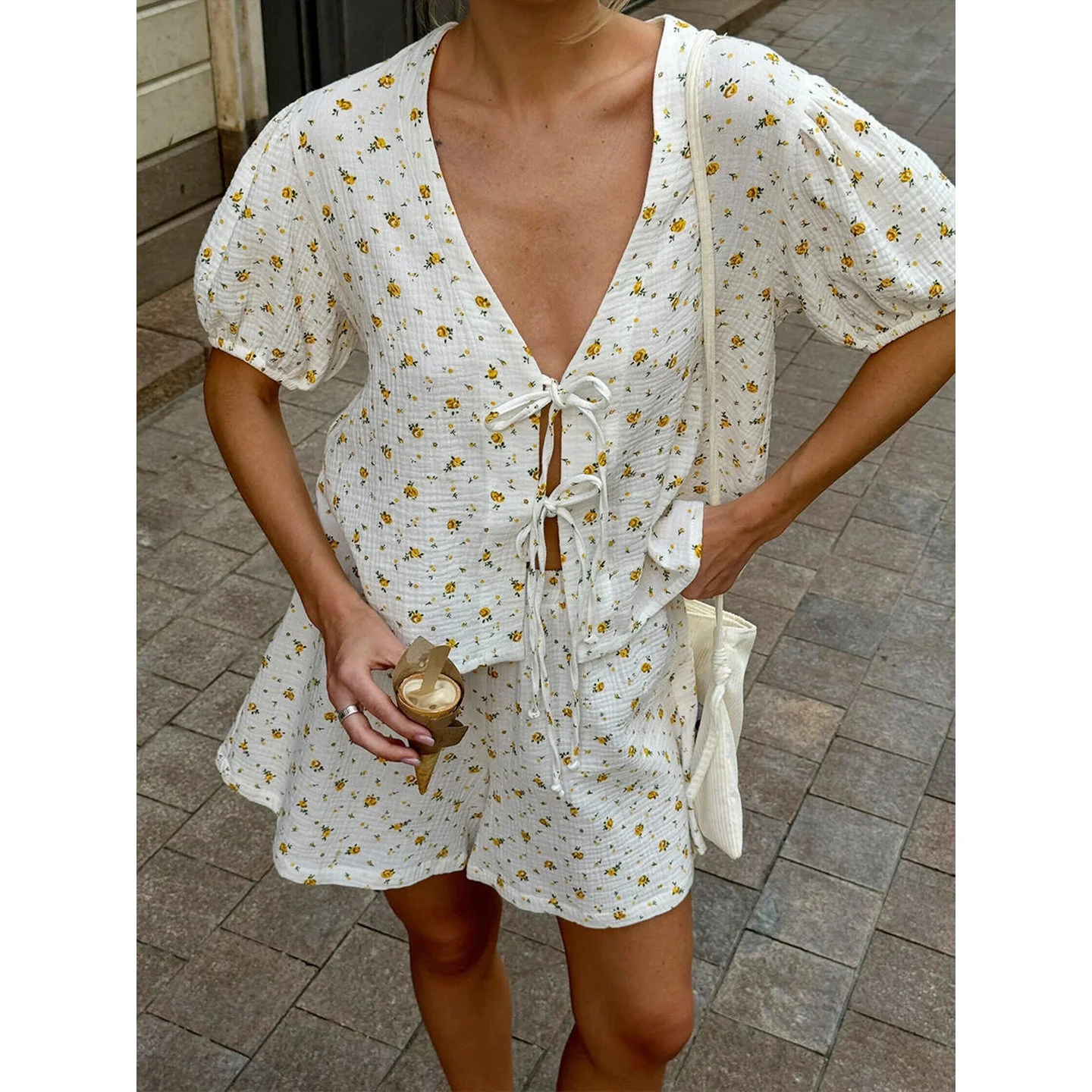 

Pure Cotton Printed ort Sve ort Set Summer Loose Bubble Sve orts Women's Cotton Suit Casual Sportswear Ensemble