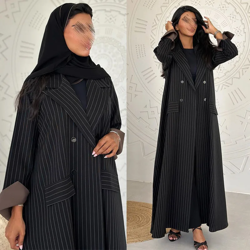 

Middest East Arabic Modest Muslim Dresses Women Casual Striped Long Robe Abaya Cardigan Elegant Coats for Women