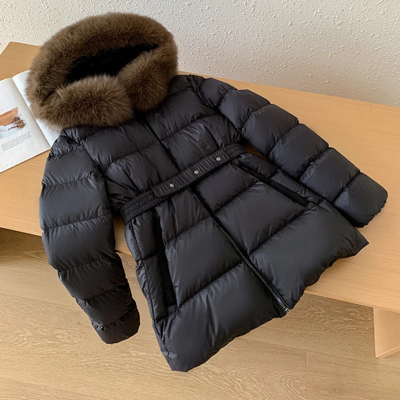 Women\'s Real Fox Fur Collar Down Jacket Fashion Short Slim Fit Luxury 90 White Duck Down Female Winter Warm Down Jackets 2024