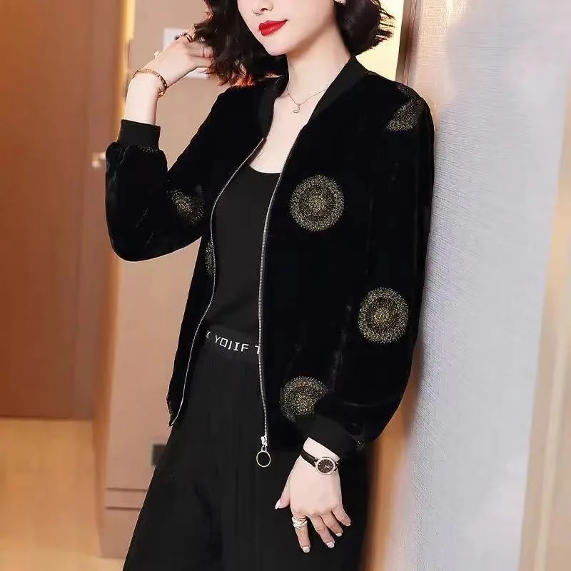 

Long Sleeved Jacket Leisure Golden Velvet Coat Female Spring Autumn New Korea Loose Fitting Mlb Fashion Zipper Coats Jackets