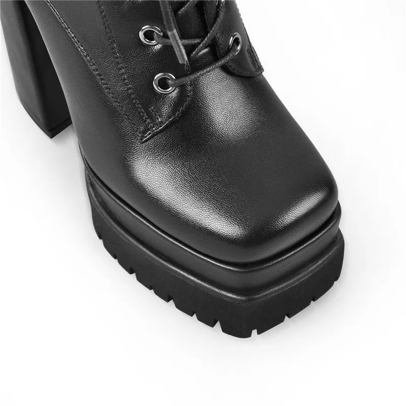Onlymaker Women Square Toe Platform Ankle Boots Chunky High Heel Black Matte Lace Up Thick Party Dress Booties