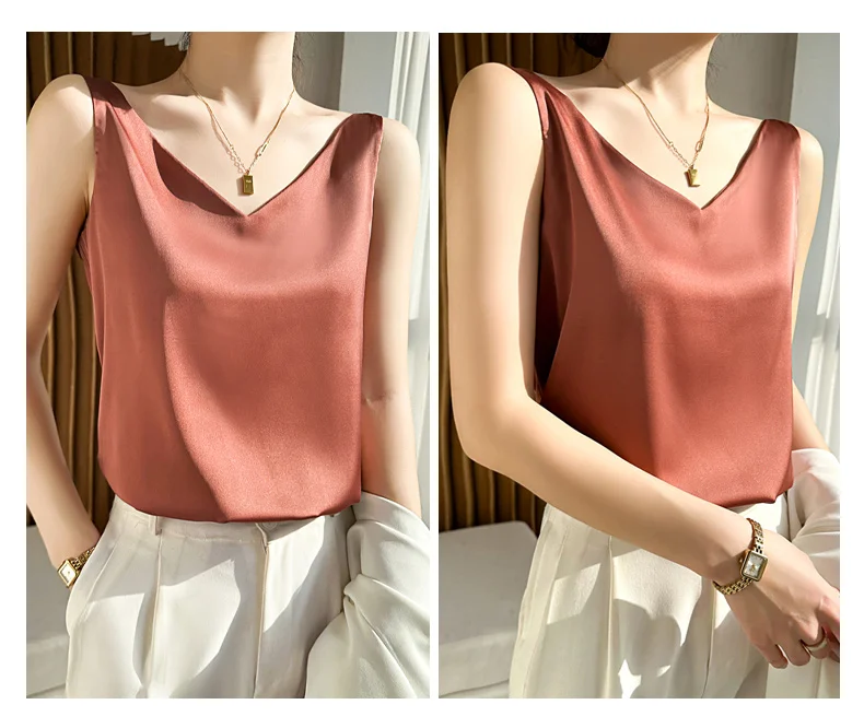 Seidensatin-Damen-Tanktop mit doppelter Schulterpartie, V-Ausschnitt, ärmelloses Top, T-Shirt, elegantes Crop-Top, solide, lässig, Basic, 2025, Sommer – Detail 18