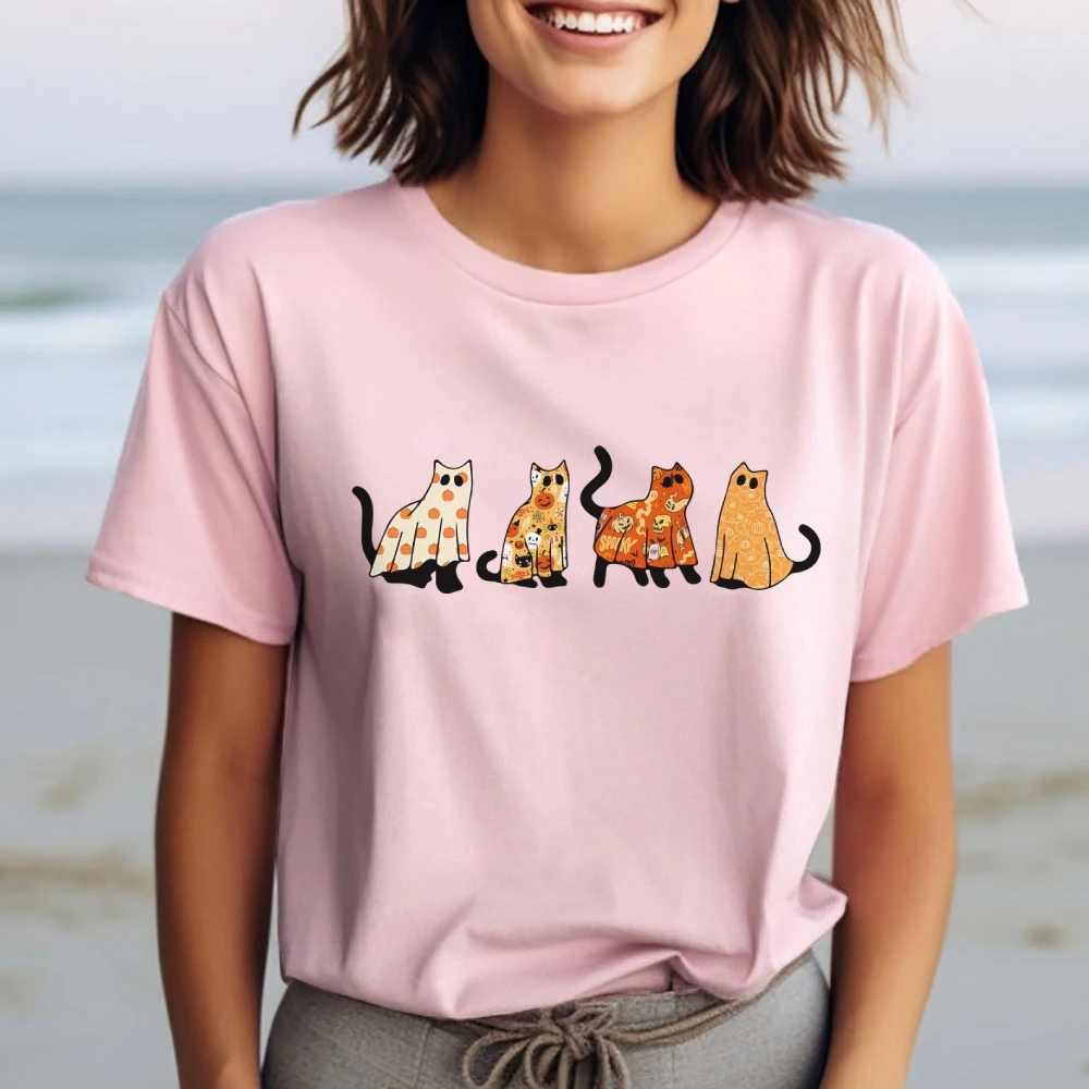 Funny Cat Ghost Skull Halloween Women's Short Sleeve Tee Comfort Colors Spooky Season Casual Women's Cotton t-Shirts Cat Lovers