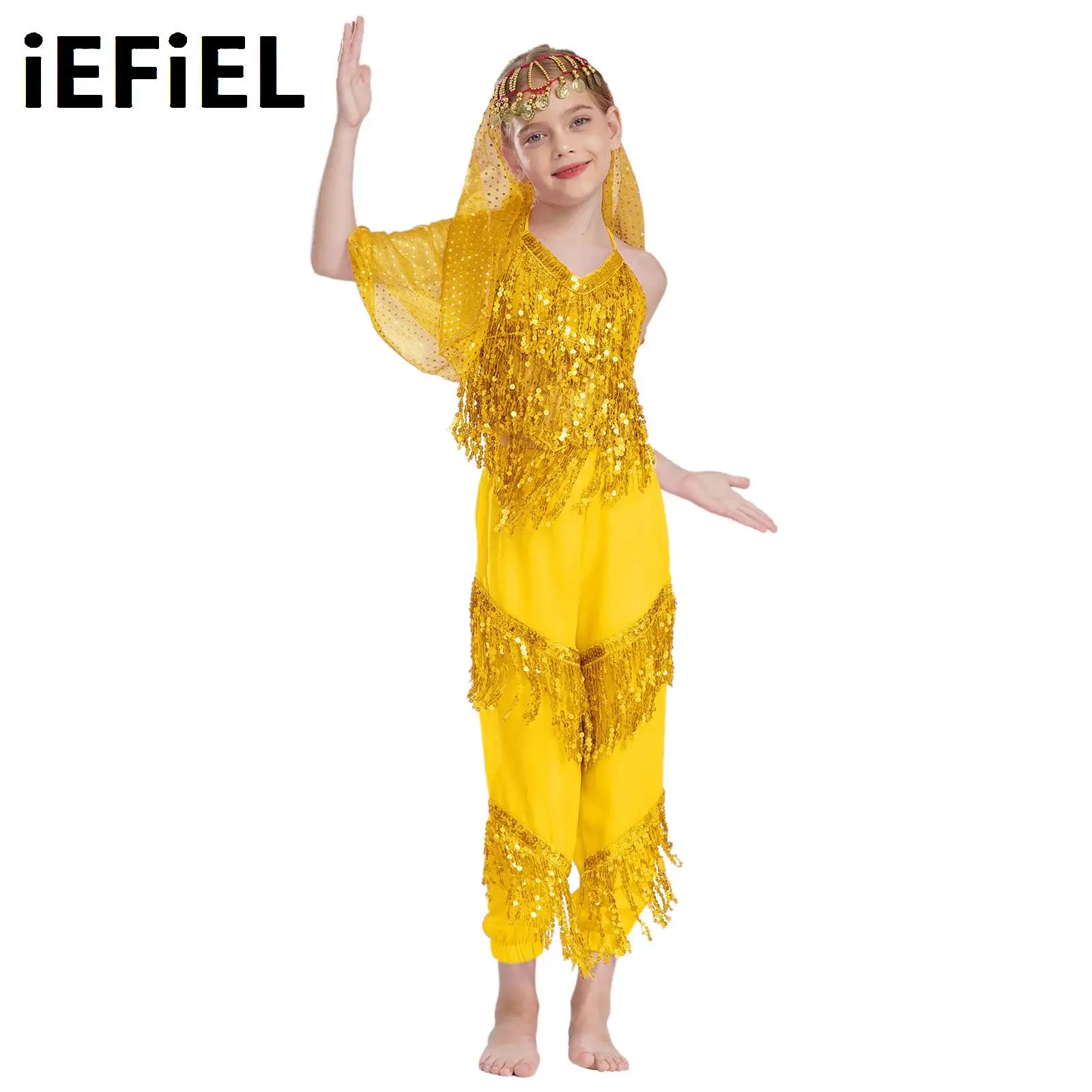 

Kids Girls Shiny Sequins Belly Dance Outfit Tassel Halter Self-Tie Irregular Hem Crop Top with Pants Headscarf