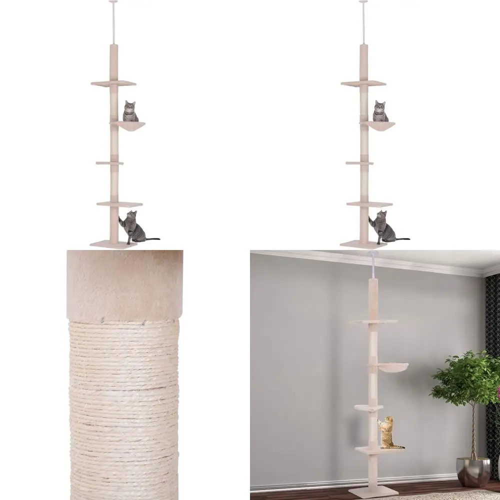 

5-уровневая регулируемая по высоте кошачья лежанка-башня с когтеточками и гамаком - бежевая