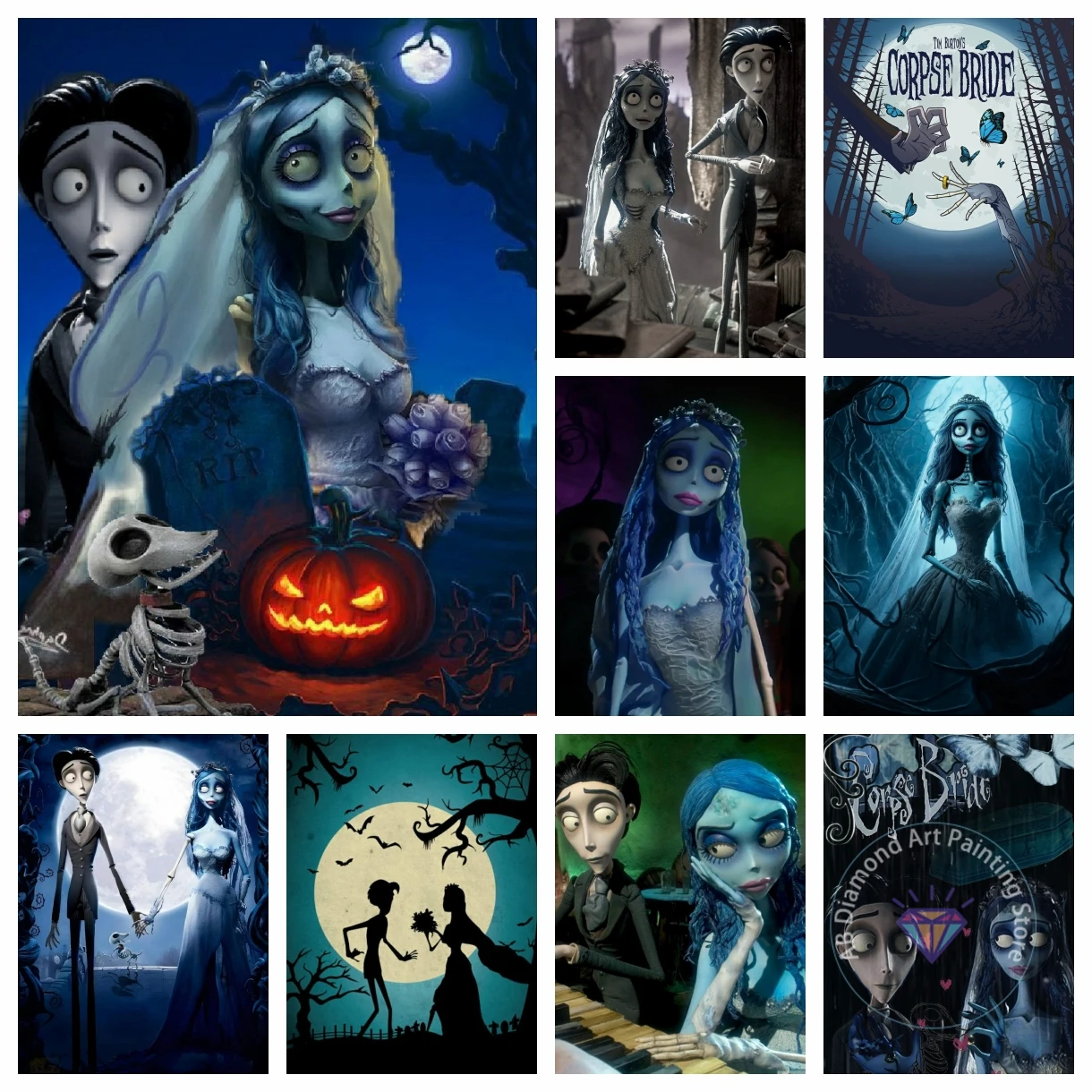 

Tim Burton Corpse Bride Movie AB Diamond Painting Kits Horror Skull Bride Emily Victor Photo Art Cross Stitch Mosaic Home Decor